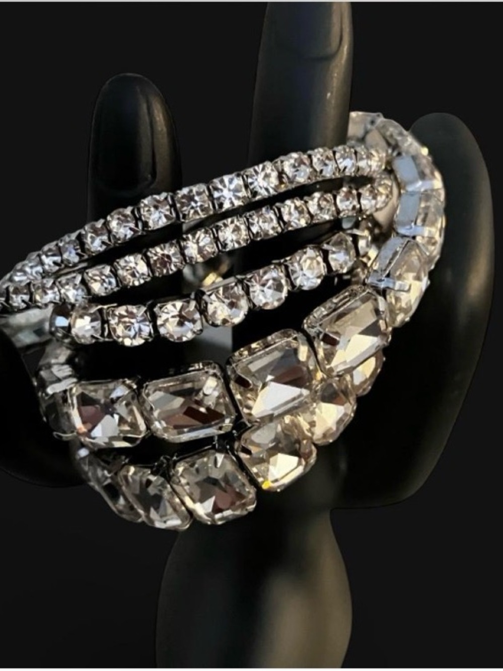 Crystal Row Stretch Bracelet - Clear Crystal Silver Tone